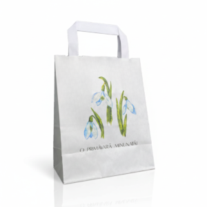 Sacoșă Primăvară 18x22x8 cm din hârtie albă cu model ghiocel2